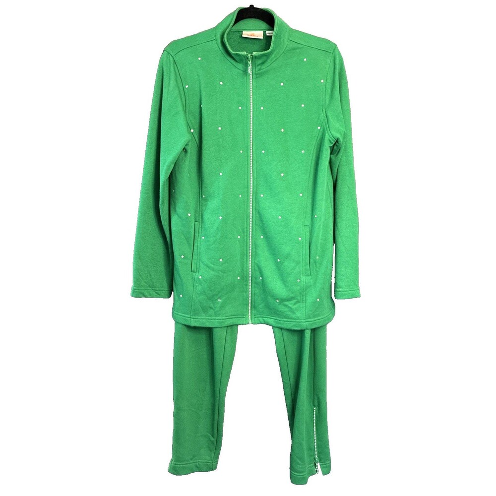 Vtg 90s Quacker Factory Track Suit Sweats Sz M Kelly Green Gems Lounge Grandma